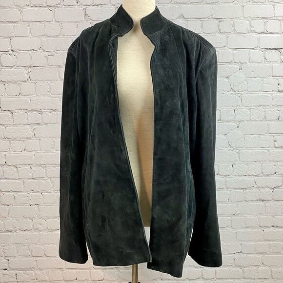Vintage 90s Artpel Genuine Suede Leather Open Front Black Blazer Jacket Large - Picture 2 of 11
